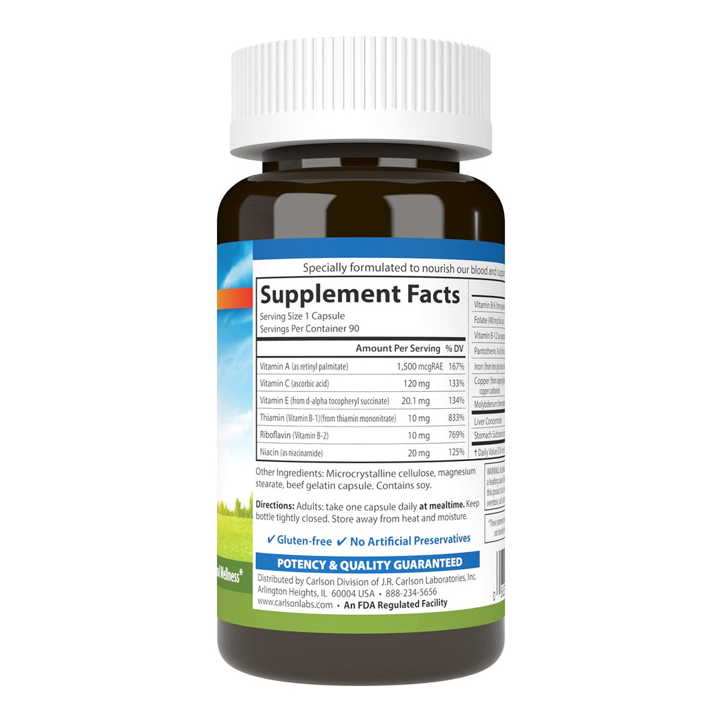 Carlson Blood Nutrients, 28 mg, Iron, Blood Development, 90 Capsules