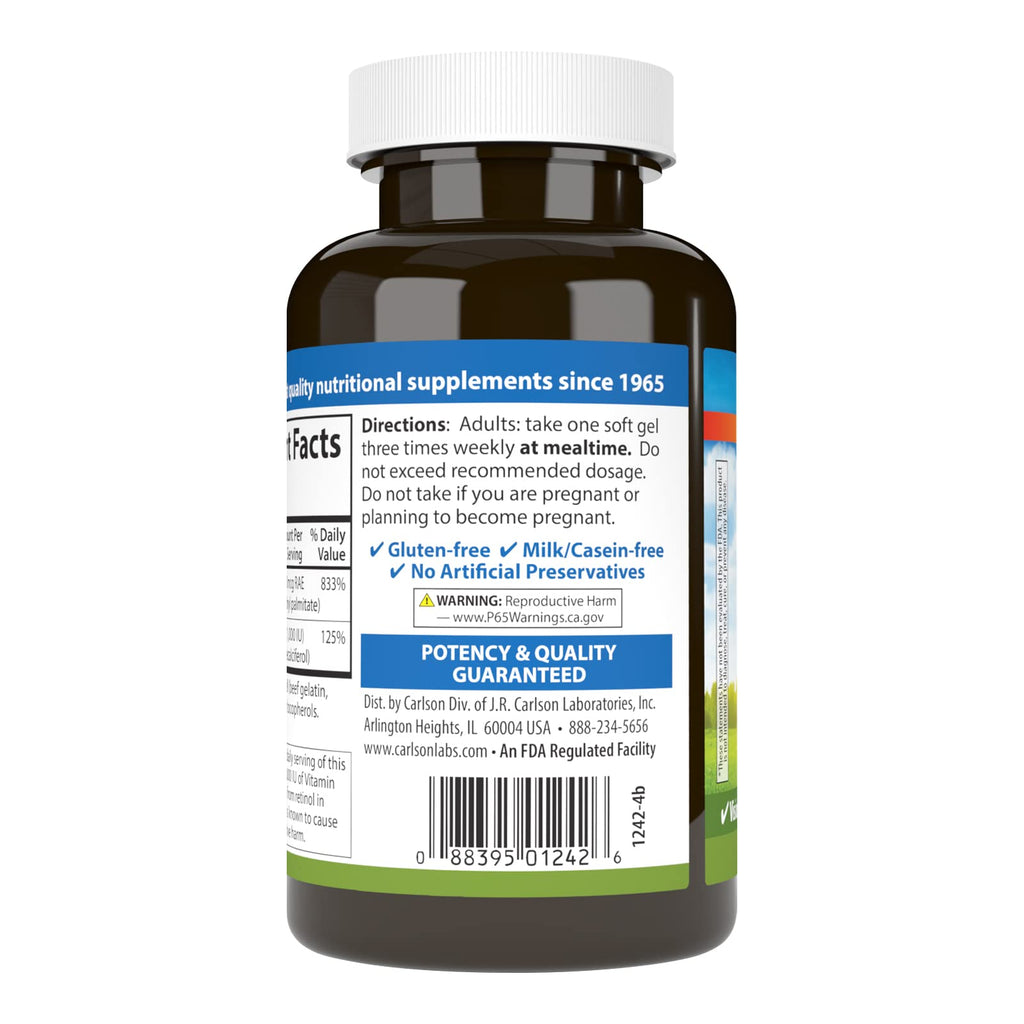 Carlson A & D, 25000 IU (7500 mcg RAE), Vitamin A, 250 Softgels