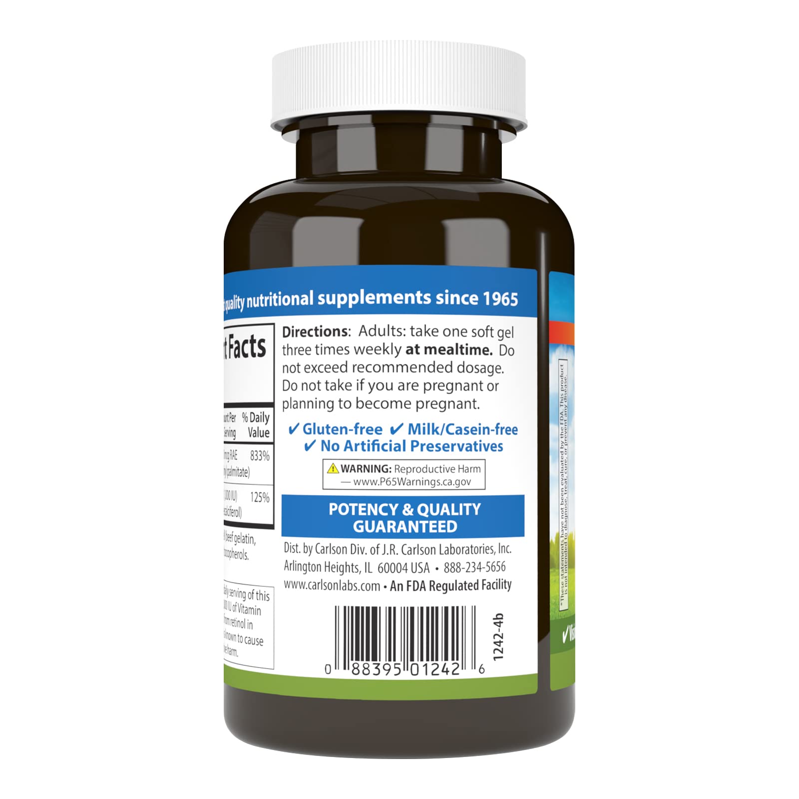 Carlson A & D, 25000 IU (7500 mcg RAE), Vitamin A, 250 Softgels