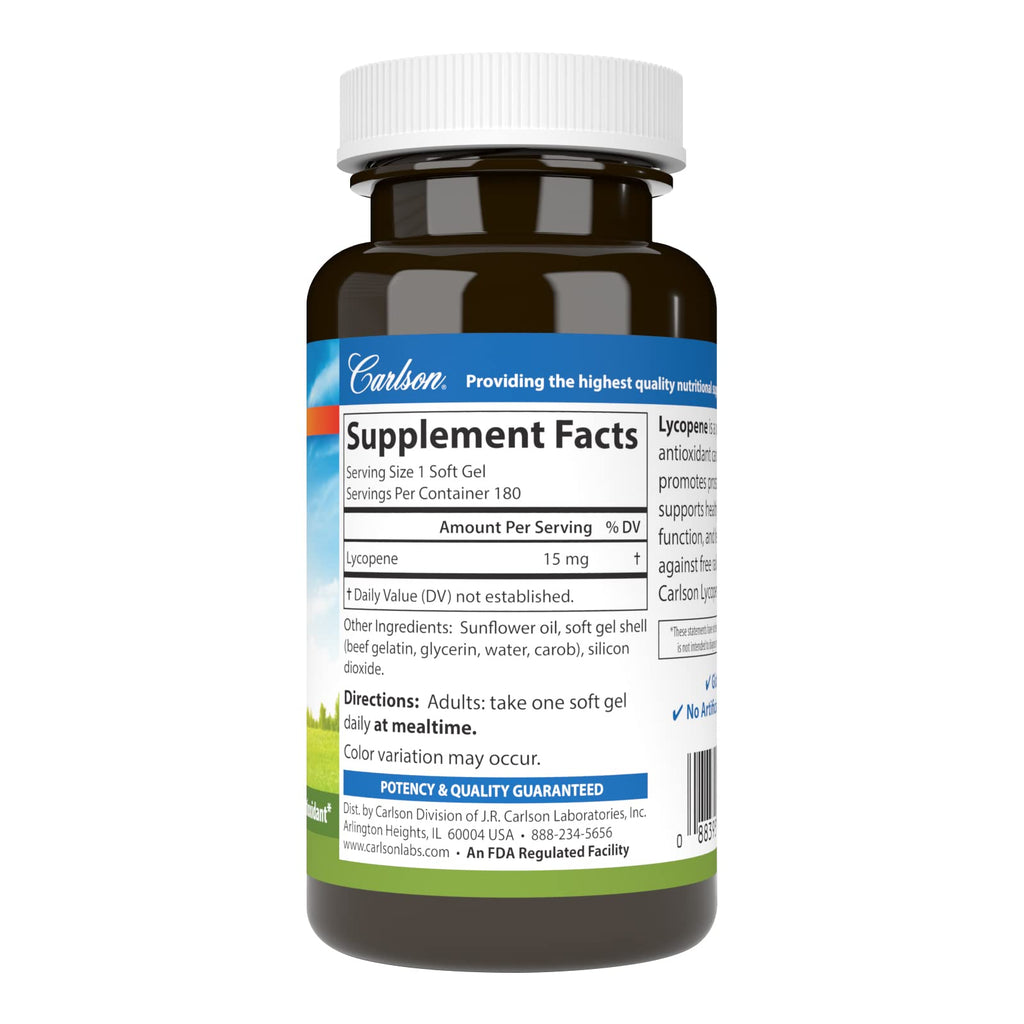 Carlson Lycopene, 15 mg, Tomato-Free, Prostate Health, 180 Softgels