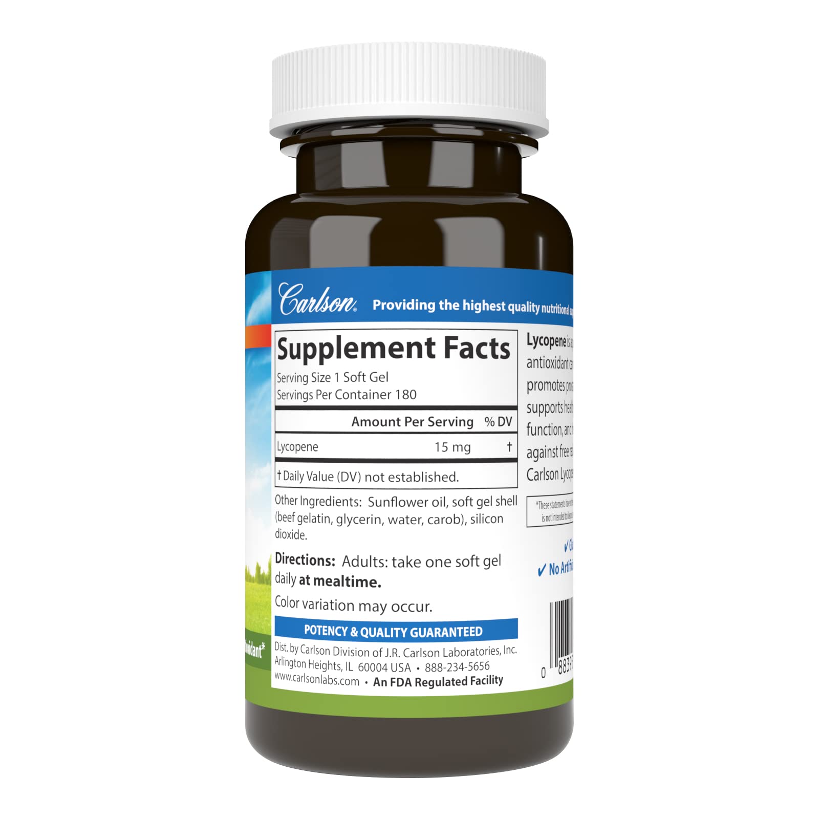 Carlson Lycopene, 15 mg, Tomato-Free, Prostate Health, 180 Softgels
