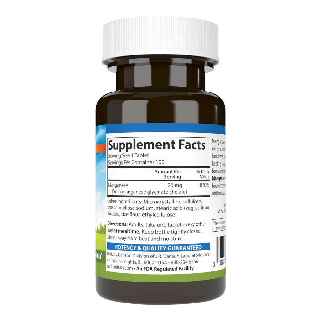 Carlson Chelated Manganese, 20 mg, Superior Absorption, 100 Tablets