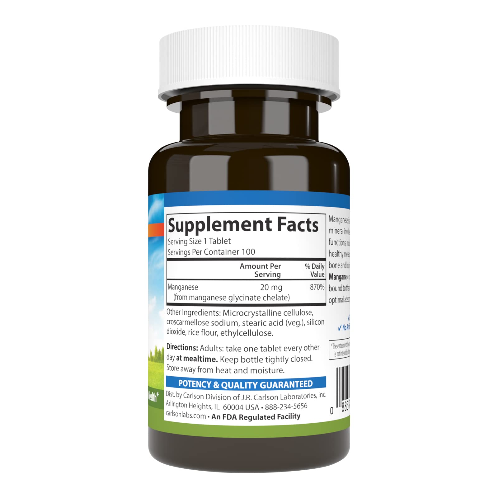 Carlson Chelated Manganese, 20 mg, Superior Absorption, 100 Tablets