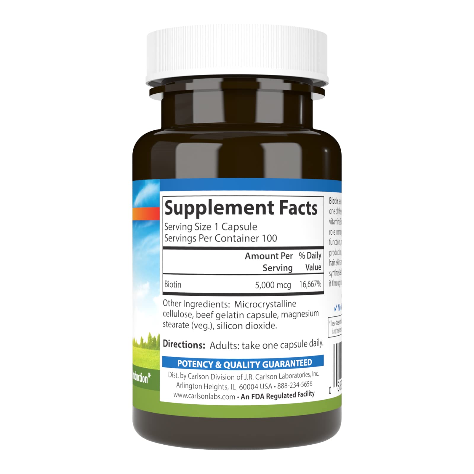 Carlson Biotin, 5000 mcg, Healthy Hair, Strong Nails, 100 Capsules