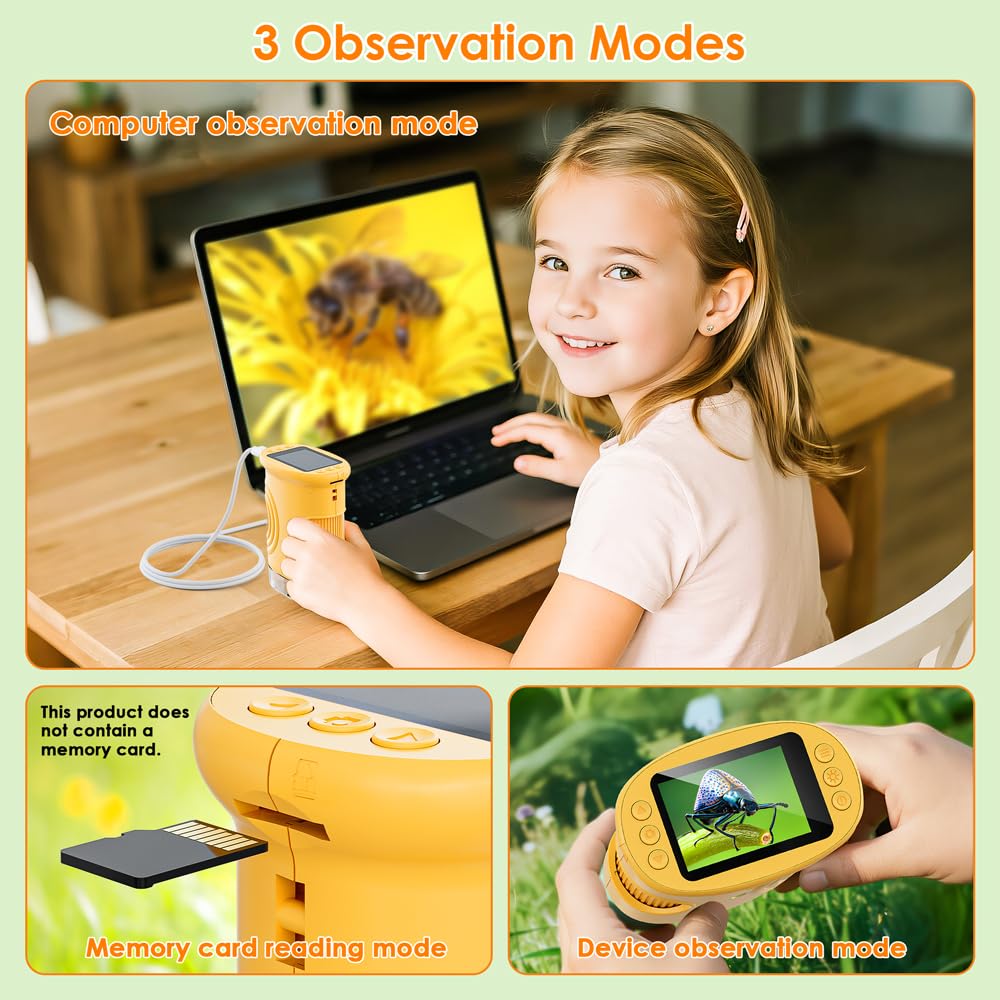 Temodu Kids Microscope 2.0" Screen 1000X Digital Microscope for Kids, Mini Pocket Handheld Microscopes for Children Birthday Festival Gift, Science Education Fun Toys for Boys Girls Ages 4-12 (Yellow)