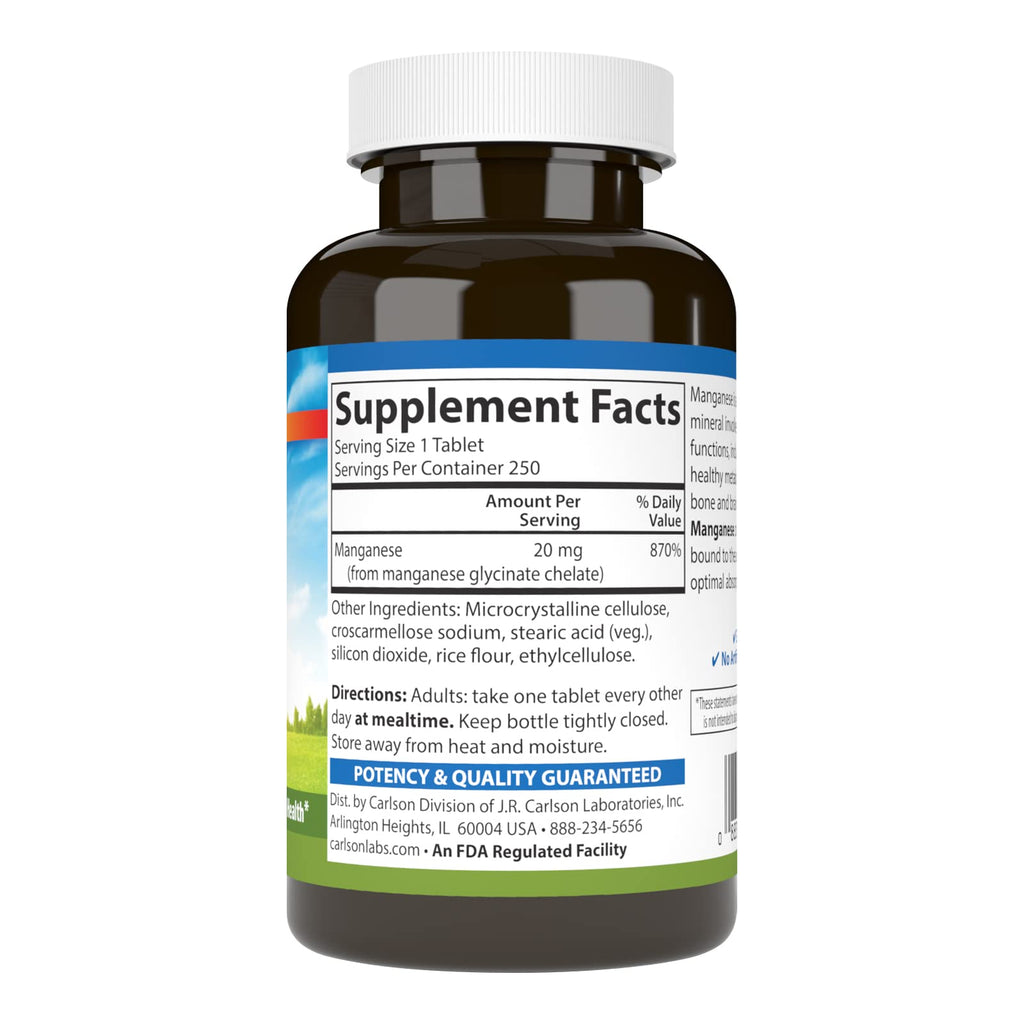 Carlson Chelated Manganese, 20 mg, - Superior Absorption, 250 Tablets
