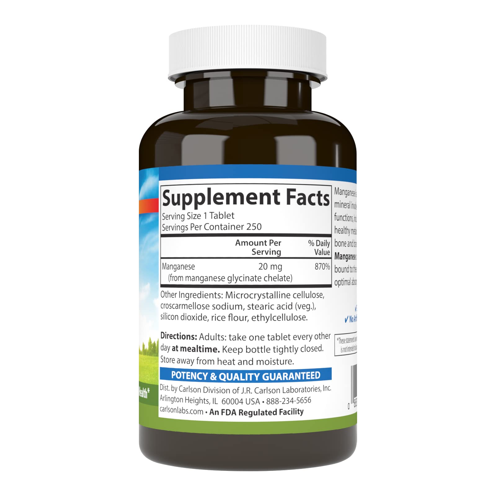 Carlson Chelated Manganese, 20 mg, - Superior Absorption, 250 Tablets