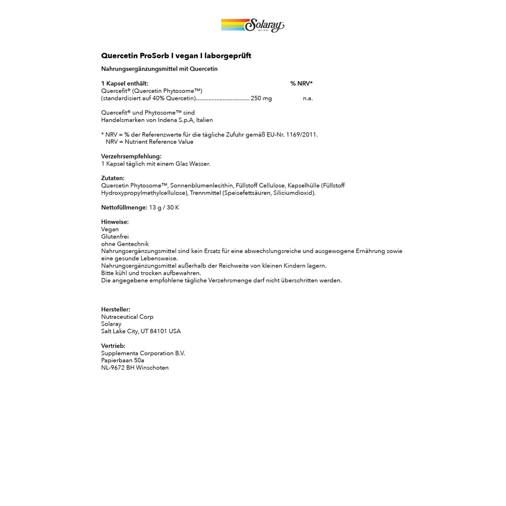 SOLARAY Quercetin Phytosome 250 mg, 30 VegCaps