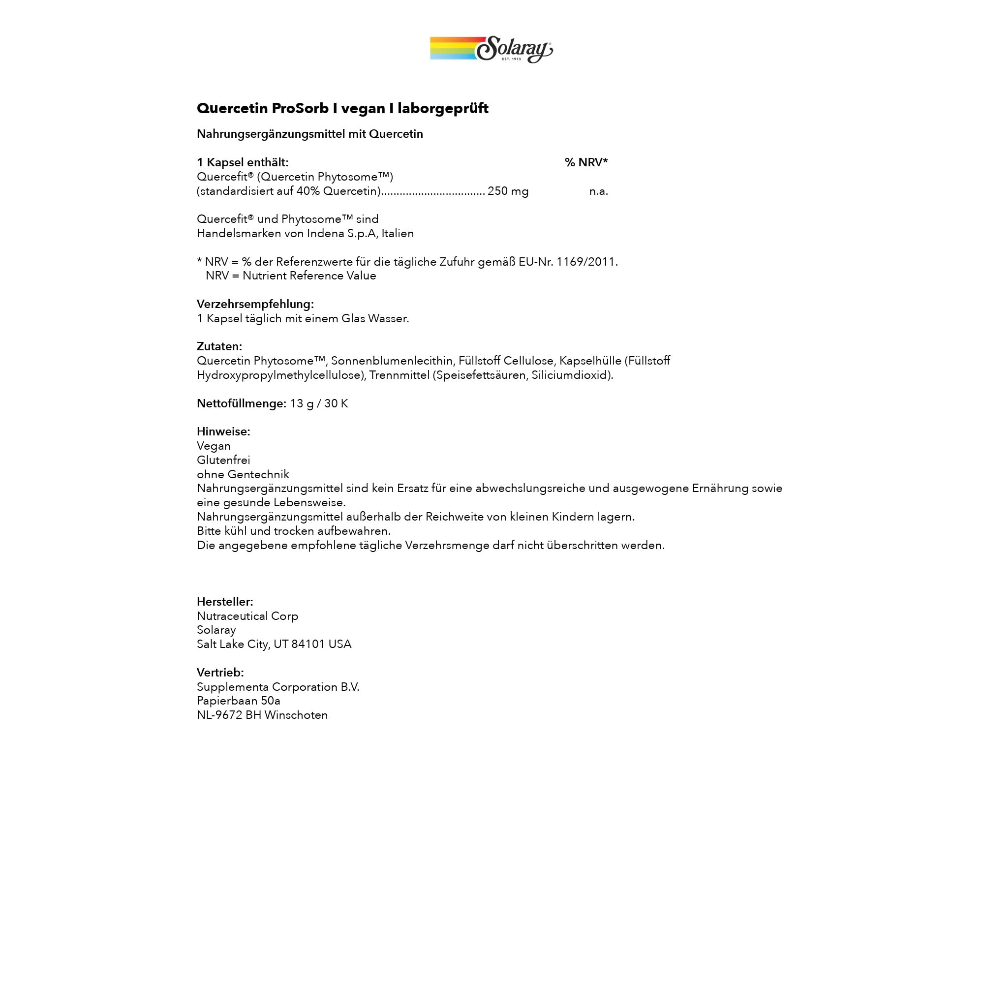 SOLARAY Quercetin Phytosome 250 mg, 30 VegCaps