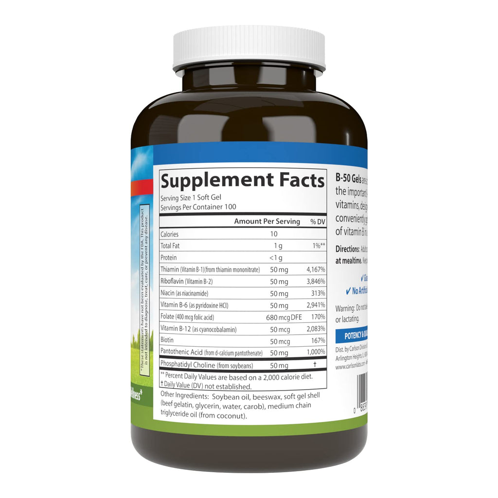 Carlson B-50 Gels, Vitamin B Complex, Energy Production, 100 Softgels