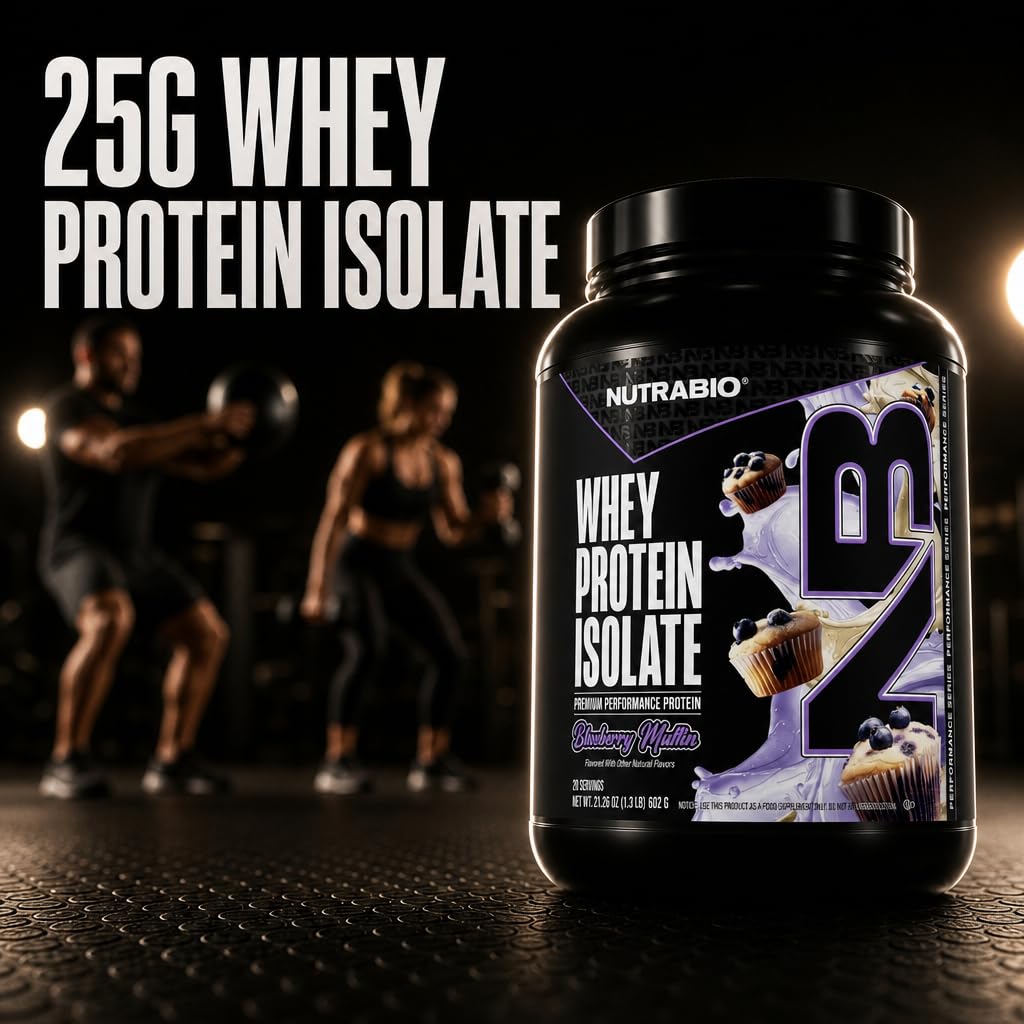 NutraBio 100% Whey Protein Isolate Protein Powder, 25g Protein with Complete Amino Acid Profile, Non-GMO, Soy & Gluten Free, Low Carb, Low Calorie Whey Protein Powder, Blueberry Muffin, 20 Servings