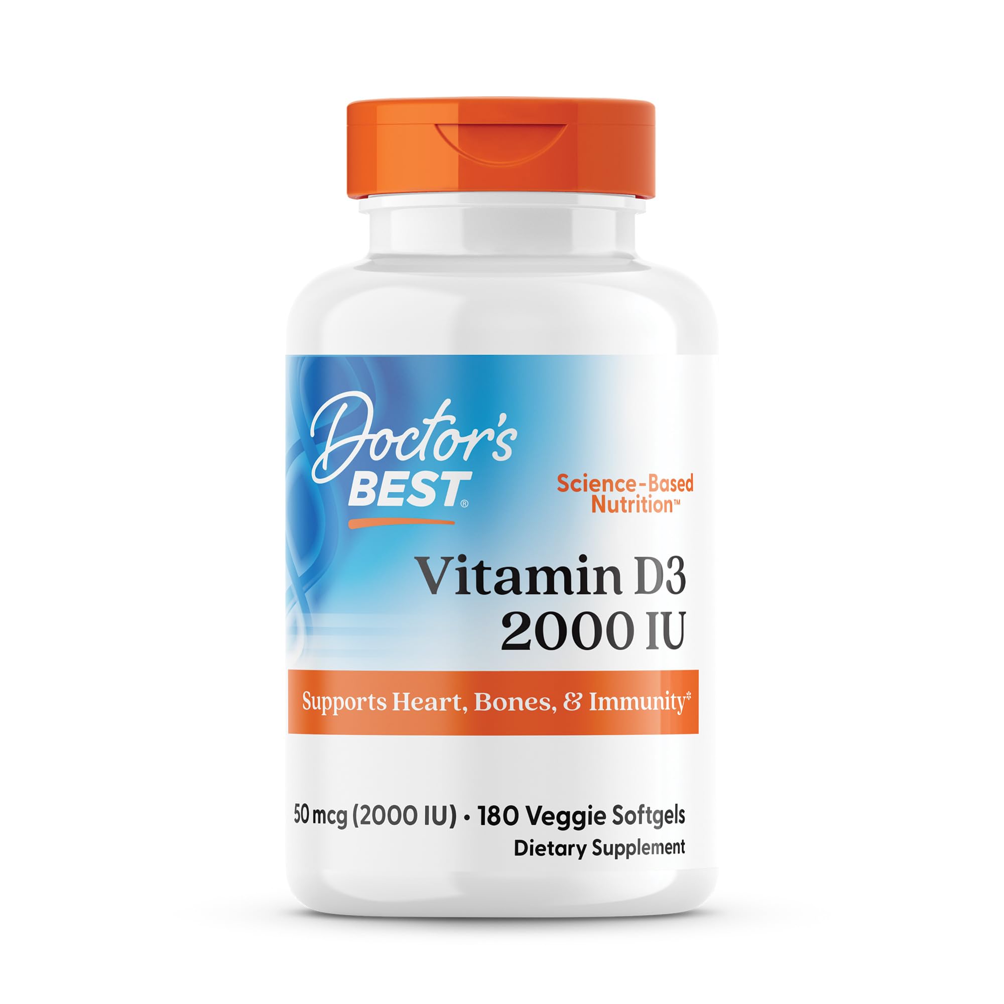 Doctor's Best Vitamin D3 2000 IU Softgels for Men & Women - Vitamin D Supplement for Immune System & Heart Health Support, 50 mcg per Serving, Vit D 3, Non GMO, Gluten & Soy Free - 180 Veggie Softgels