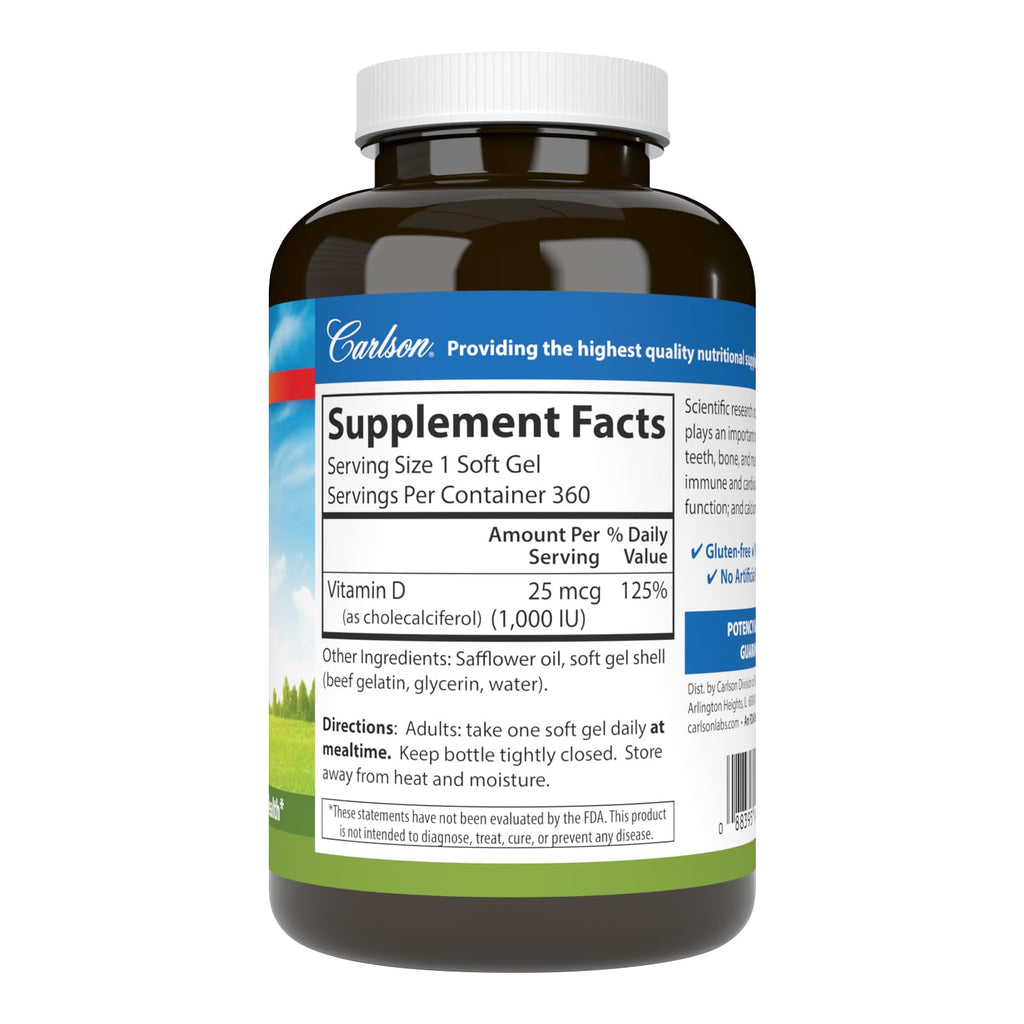 Carlson Vitamin D3, 1000 IU (25 mcg), Bone Health, 360 Softgels