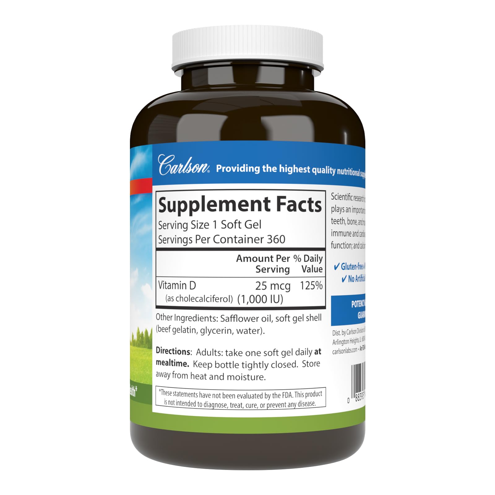 Carlson Vitamin D3, 1000 IU (25 mcg), Bone Health, 360 Softgels