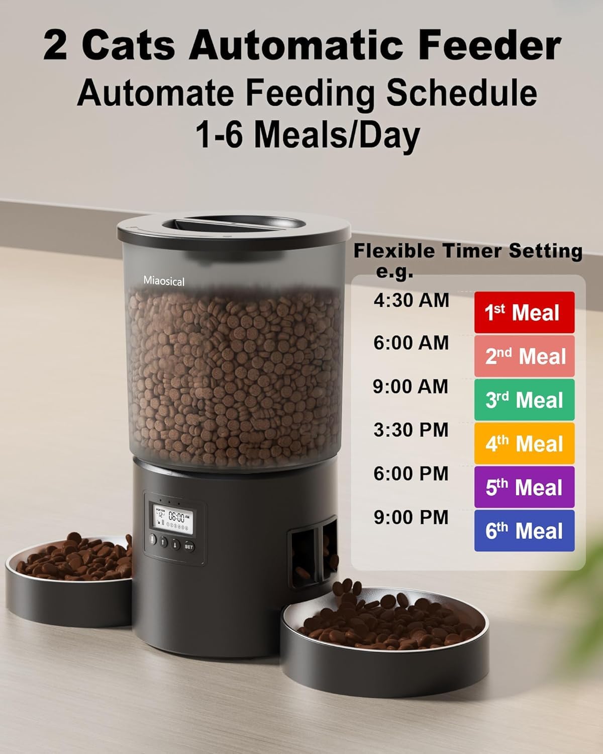 Dual Automatic Cat Feeder 2 Cats, 4.2L Dry Food Auto Dispenser with Double Stainless Steel Bowls,Dual Power Supply,Programmable Portion Control,10s Voice Recorder (Transparent Black)
