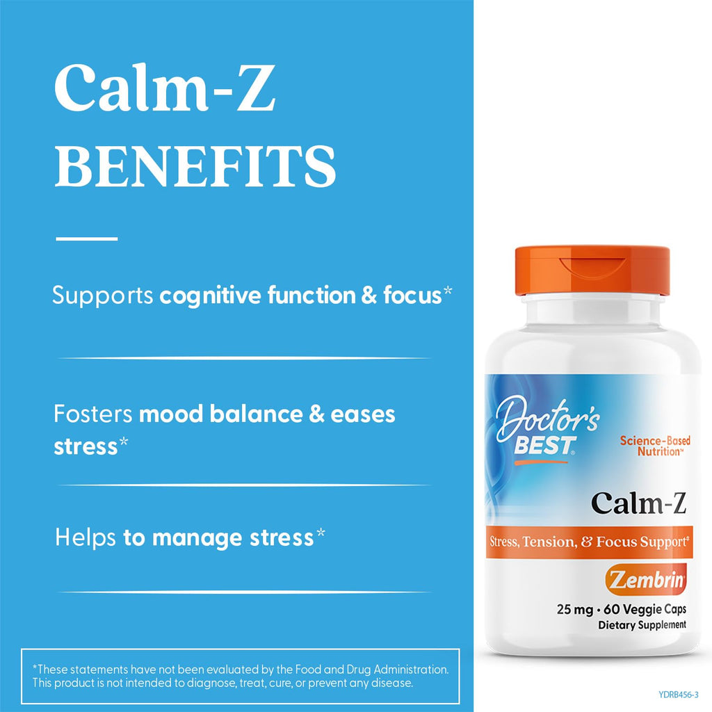 Doctor's Best Calm-Z for Men & Women - Zembrin (Sceletium Tortuosum) Extract Supplement, Calm & Focus Support, Helps Reduce Stress, 25 mg Capsules, Sourced from Kanna Herb, Gluten Free - 60 Veg Caps
