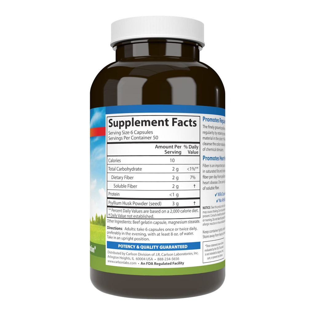 Carlson Hi-Fiber, 3 g, Psyllium Husk Capsules, Regularity, 300 Capsules