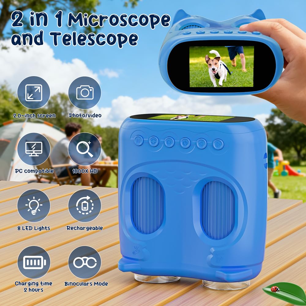 2-in-1 Kids Microscope Telescope, Temodu 2.0" 1000X Digital Microscope for Kids, HD Portable Education Telescope for Kids Birthday Festival Gift, Science Fun Toys for Children Age 4-12 (Blue)