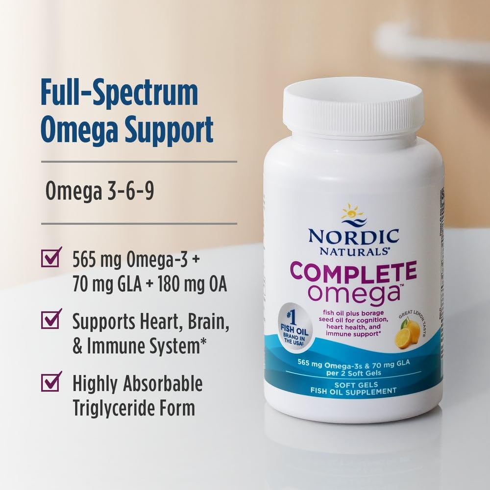 Nordic Naturals Complete Omega, Lemon Flavor - 180 Soft Gels - 565 mg Omega-3 - EPA & DHA with Added GLA - Healthy Skin, Cognition, & Positive Mood - Non-GMO - 90 Servings