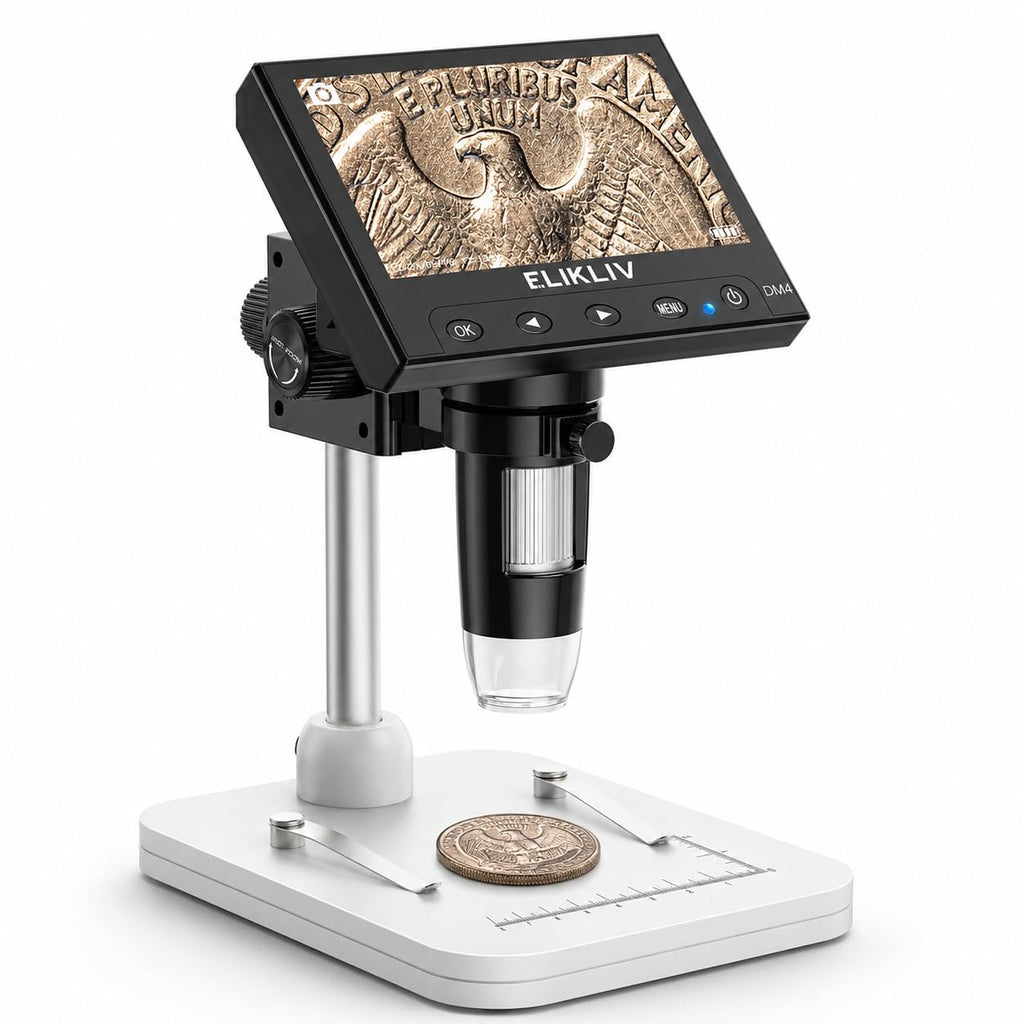 Elikliv Microscope, LCD Digital Coin Microscope 1000x, Coin Magnifier with 8 Adjustable LED Lights, PC View Compatible with Windows/MacBook, EDM4, 4.3-Inch