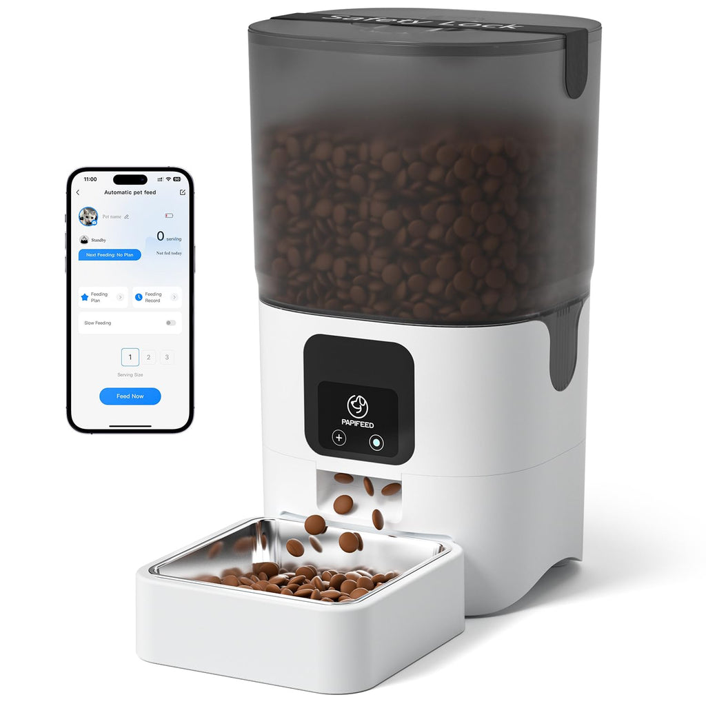 PAPIFEED Automatic Cat Feeder with App, 2.4G WiFi Cat Food Dispenser, 6L Timed Cat Feeder for Dry Food, 10 Meals/Day, 12 Portions/Meal, Dual Power Supply Smart Pet Feeder for Dog, White