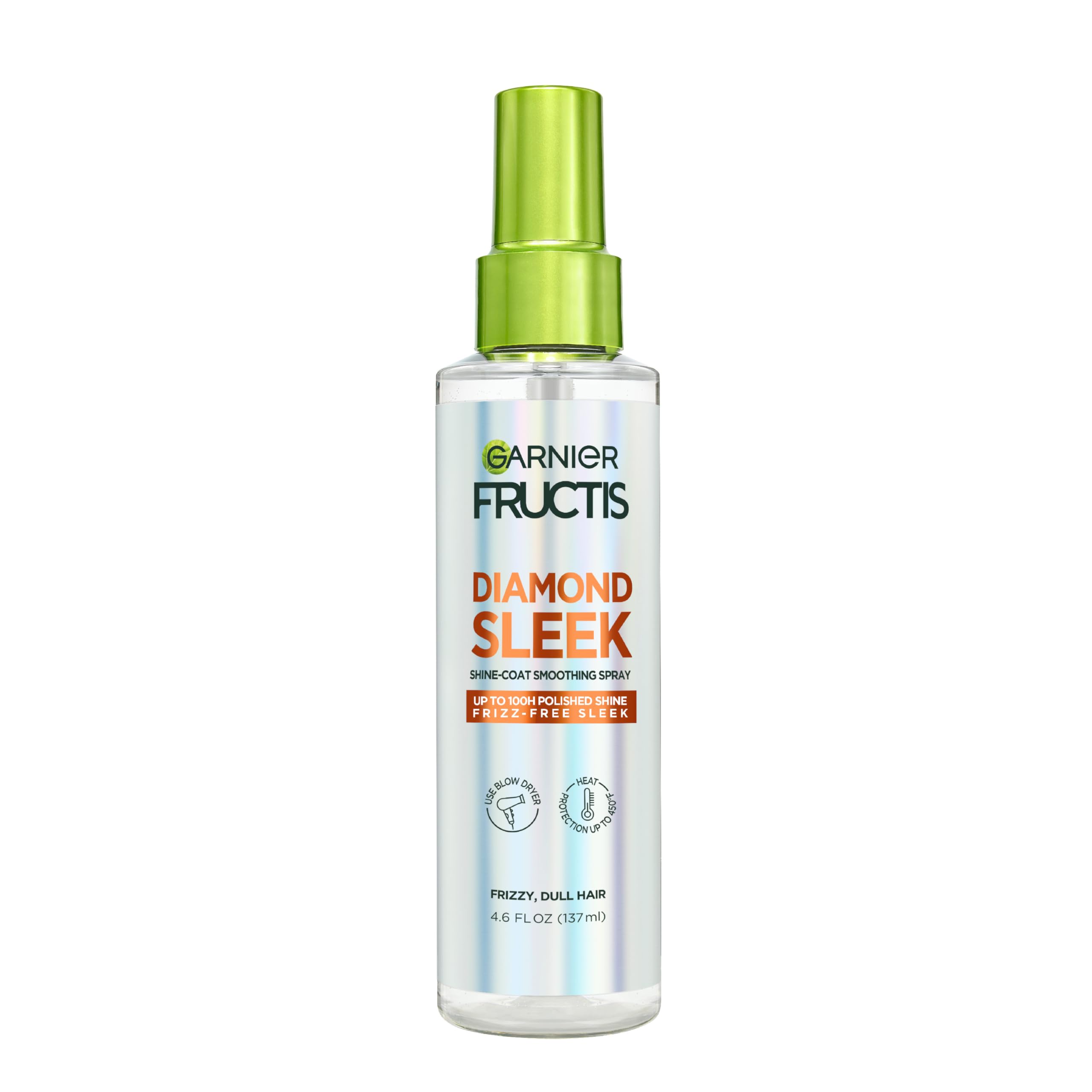 Garnier Fructis Diamond Sleek Hair Shine Spray, Up to 100-Hour Frizz Control, Heat Protectant up to 450°F with Vegan Keratin Smoothing Complex and Argan Oil for Frizzy, Dry, Dull Hair, 4.6 Fl Oz