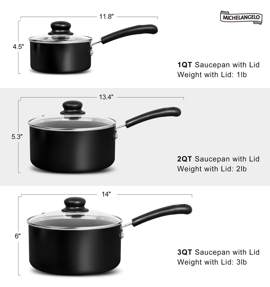 MICHELANGELO Nonstick Saucepan with Lid, Ceramic Sauce Pan Sets, Easy to Clean Sauce Pans, Multi-Purpose Cooking Pots, 1QT & 2QT & 3QT, Black