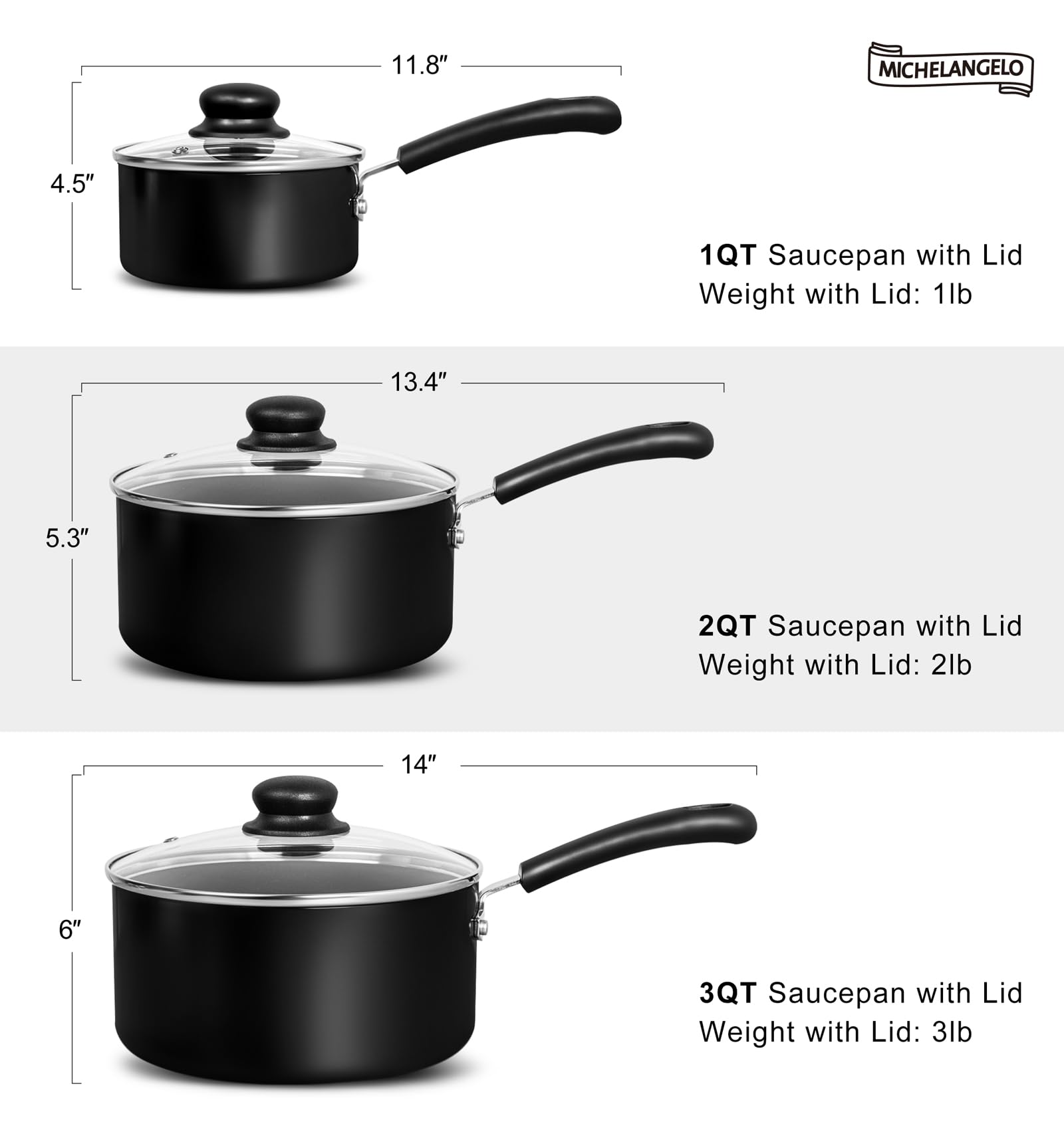 MICHELANGELO Nonstick Saucepan with Lid, Ceramic Sauce Pan Sets, Easy to Clean Sauce Pans, Multi-Purpose Cooking Pots, 1QT & 2QT & 3QT, Black