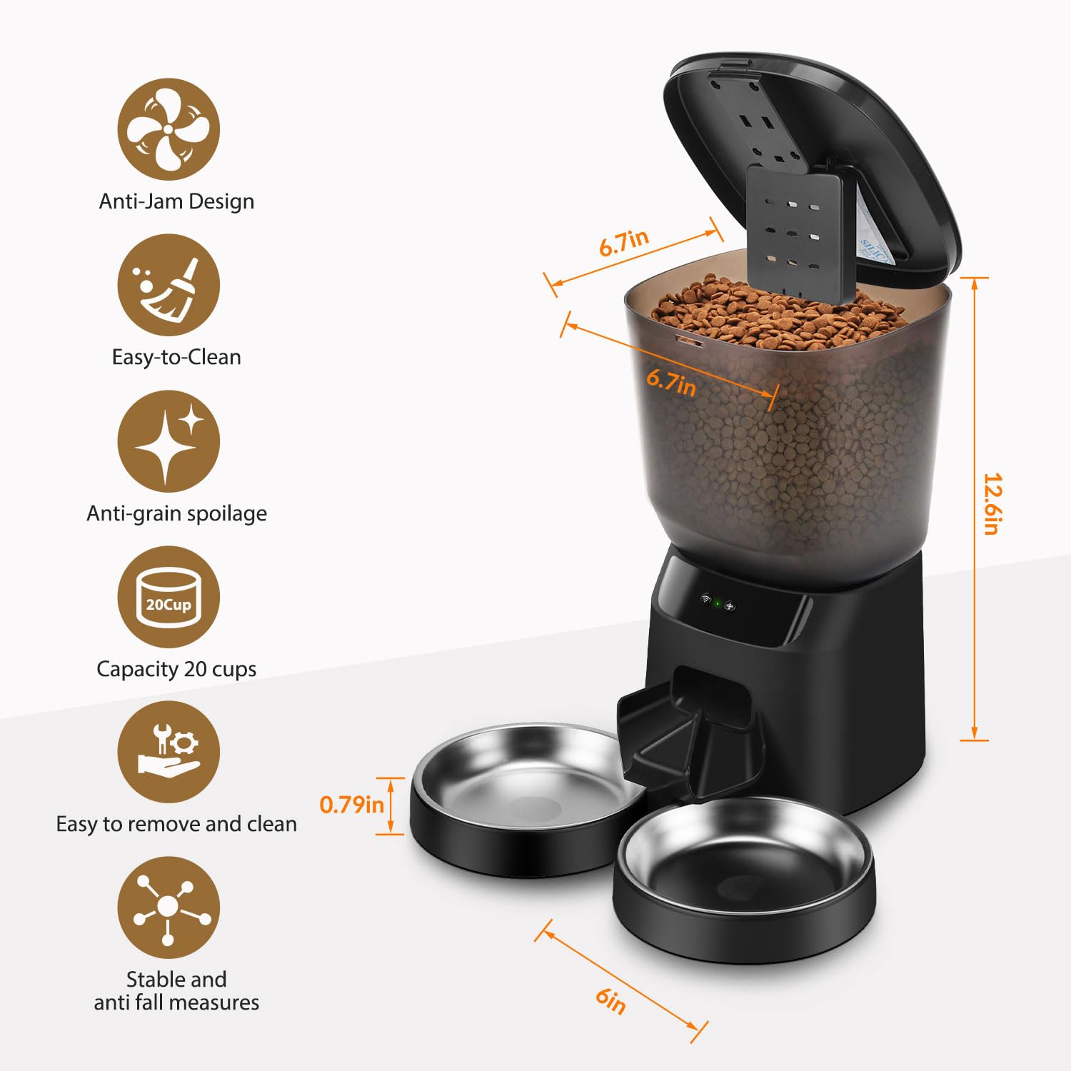 Automatic Cat Feeders WiFi for Two Cats, 5L/20 Cups Double Automatic Cat Food Dispenser with APP Control, 2 Stainless Bowls, Timer Setting 20 Portions 10 Meals Per Day
