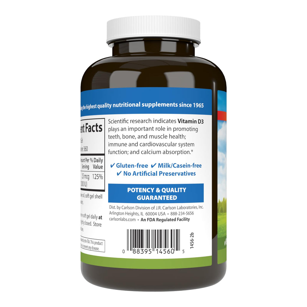 Carlson Vitamin D3, 1000 IU (25 mcg), Bone Health, 360 Softgels