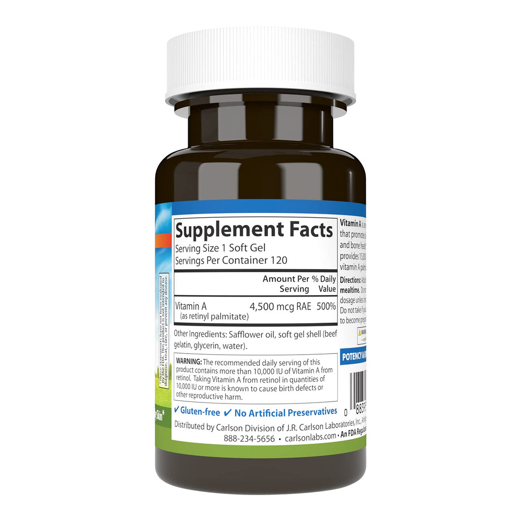 Carlson Vitamin A, 15000 IU, Palmitate (4500 mcg RAE), 120 Softgels