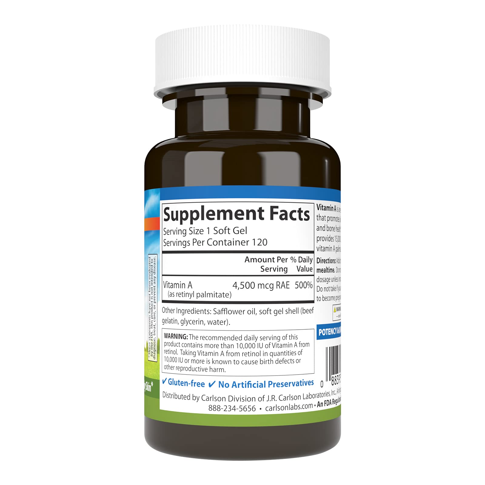 Carlson Vitamin A, 15000 IU, Palmitate (4500 mcg RAE), 120 Softgels