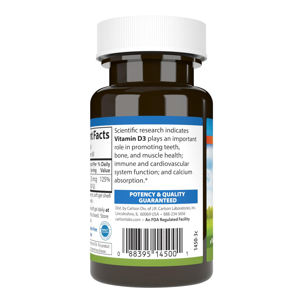 Carlson Vitamin D3, 1000 IU (25 mcg), Bone Health, 60 Softgels