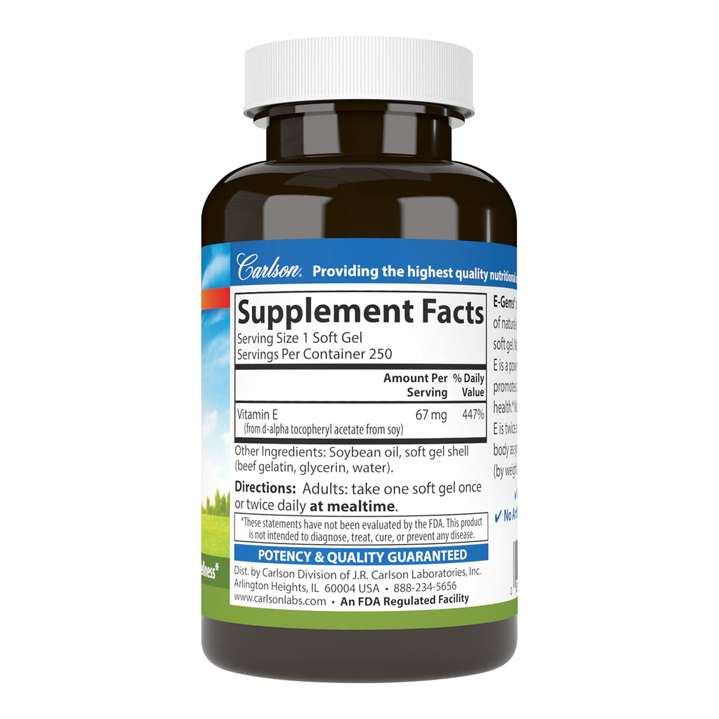 Carlson E-Gems, 100 IU (67 mg), Natural-Source Vitamin E, 250 Soft Gels