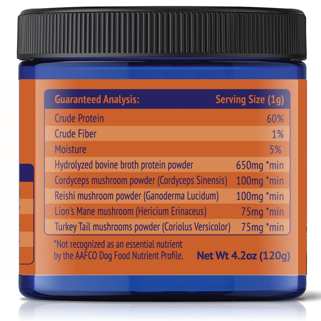 Grass-Fed Beef Bone Broth Powder for Dogs - Rich in Protein & Collagen, Enhanced with Mushroom Blend for Strong Bones, Joint Flexibility, Digestive Comfort & Immune Support - Made in USA - 4.2oz