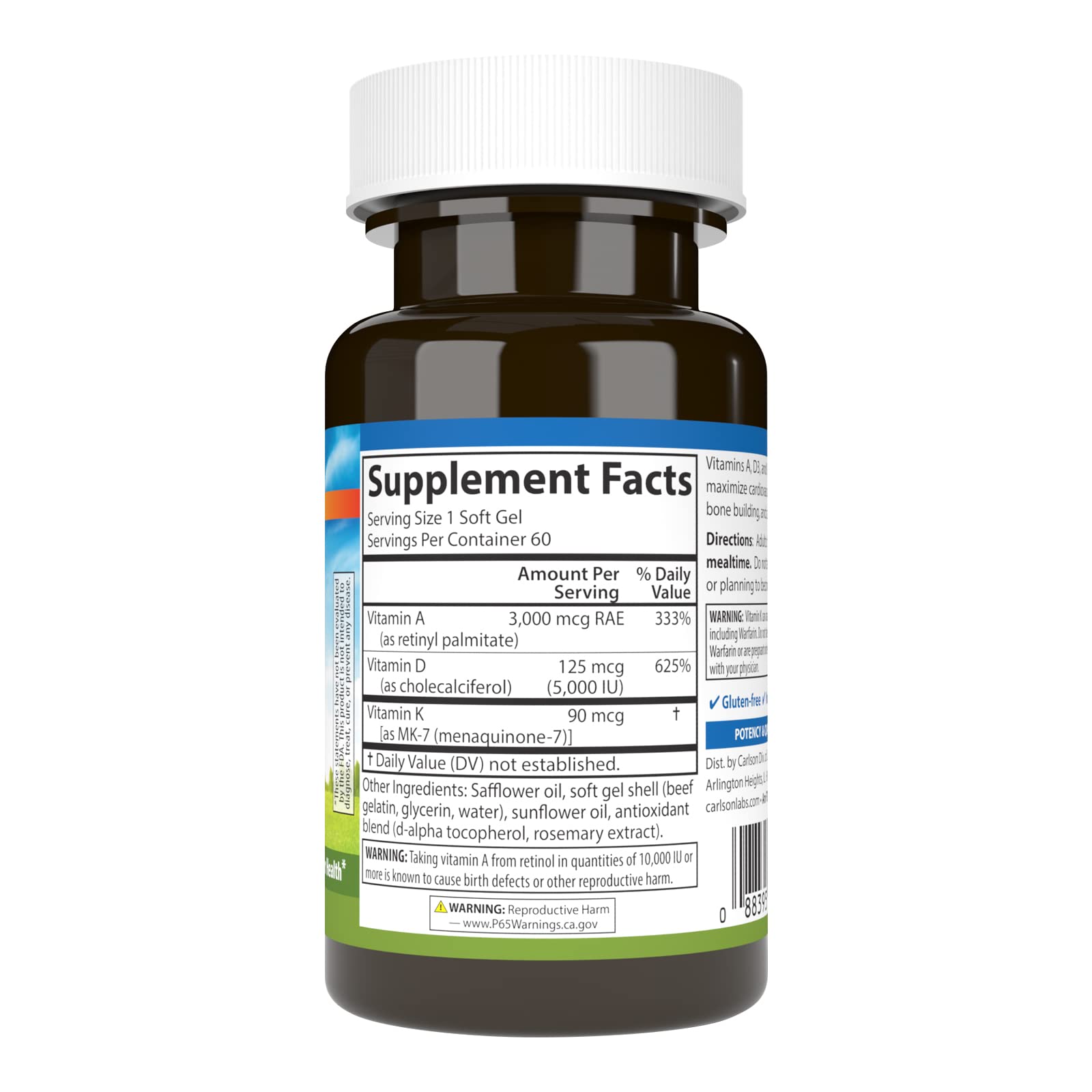 Carlson Vitamins A, D3, K2, 60 Soft Gels