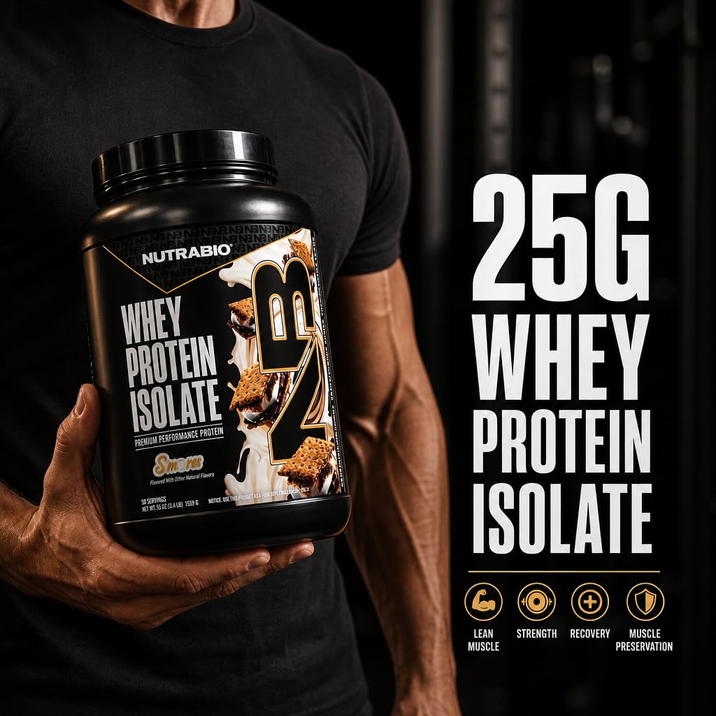 NutraBio 100% Whey Protein Isolate Protein Powder, 25g Protein with Complete Amino Acid Profile, Non-GMO, Soy & Gluten Free, Low Carb, Low Calorie, S'Mores, 50 Servings