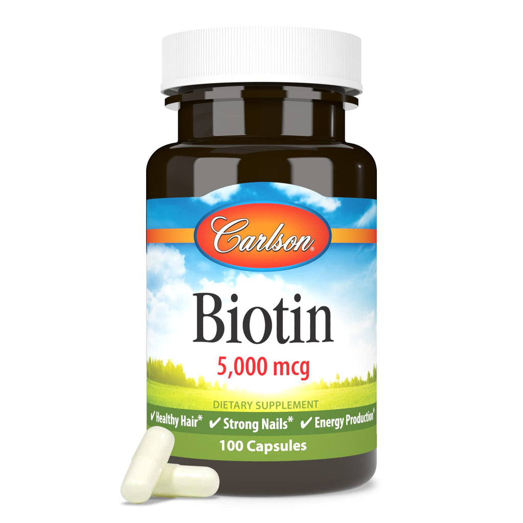 Carlson Biotin, 5000 mcg, Healthy Hair, Strong Nails, 100 Capsules