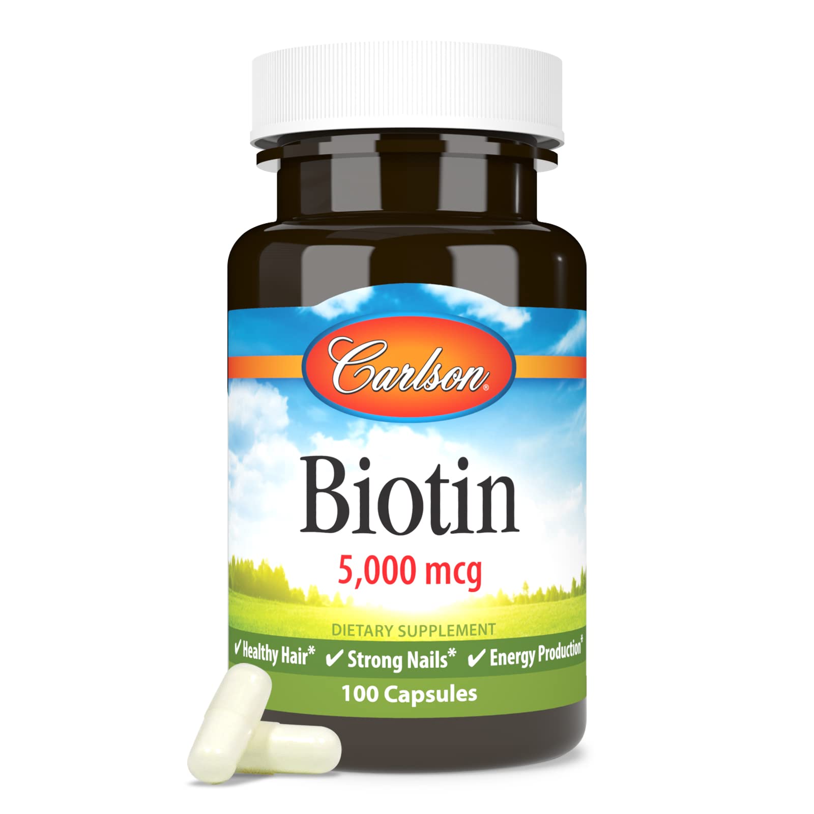 Carlson Biotin, 5000 mcg, Healthy Hair, Strong Nails, 100 Capsules