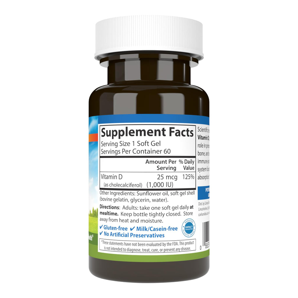 Carlson Vitamin D3, 1000 IU (25 mcg), Bone Health, 60 Softgels