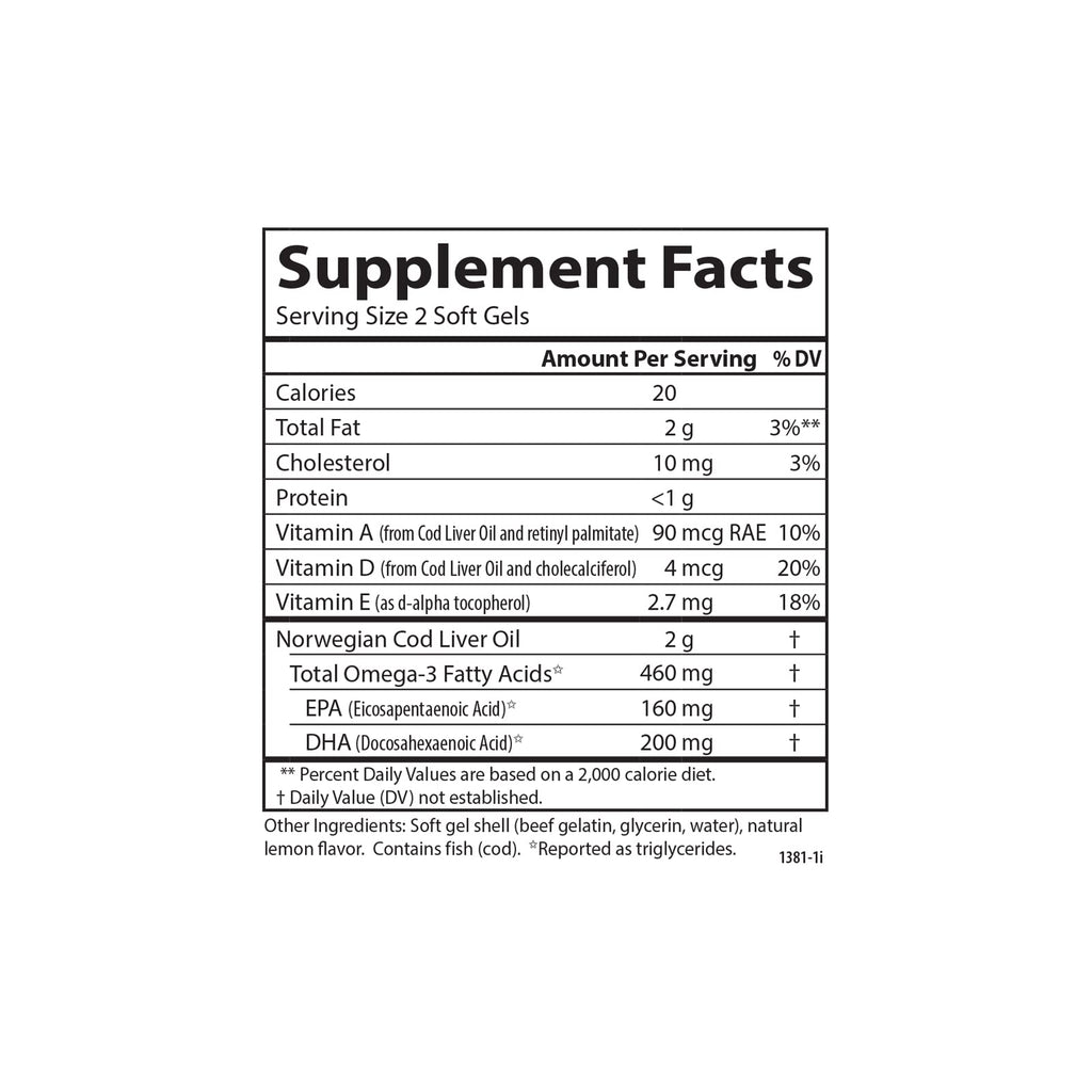 Carlson Cod Liver Oil Gems, 460 mg, Omega-3s, Lemon, 150 Softgels