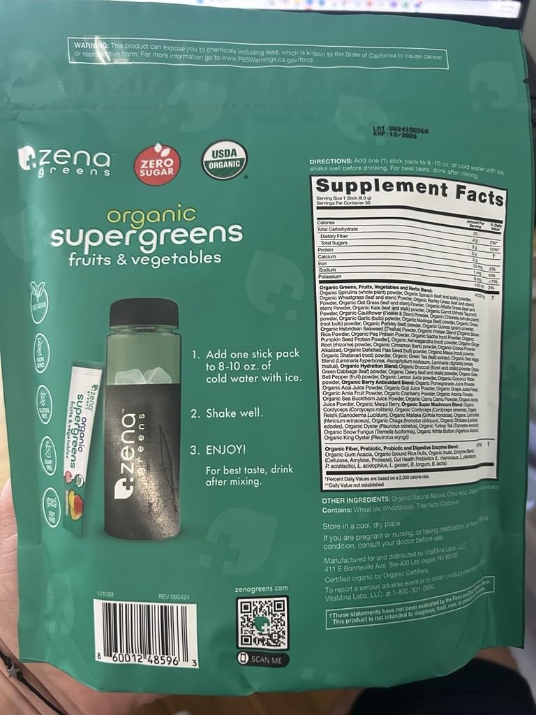 Zena Nutrition Organic Super Greens Powder, 70+ Superfoods, 0 Sugar, 3G Fiber, Spirulina, Chlorella, Mushrooms, Prebiotics/Probiotics, Digestive Enzymes for Gut Health, Mango, 30 Drink Mix Packets