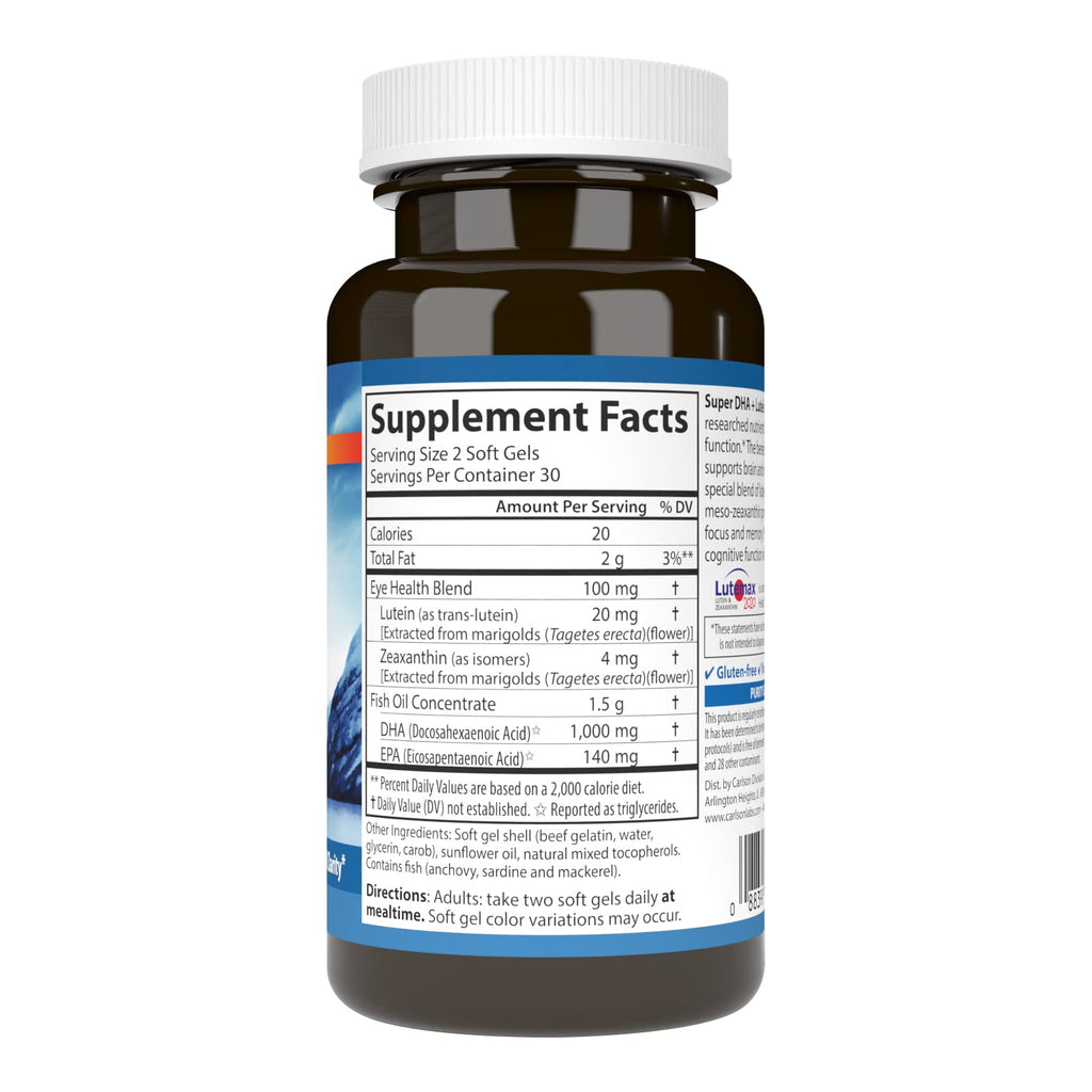 Carlson Super DHA Plus Lutein, 1000 mg, DHA, 20 mg Lutein, 60 Softgels