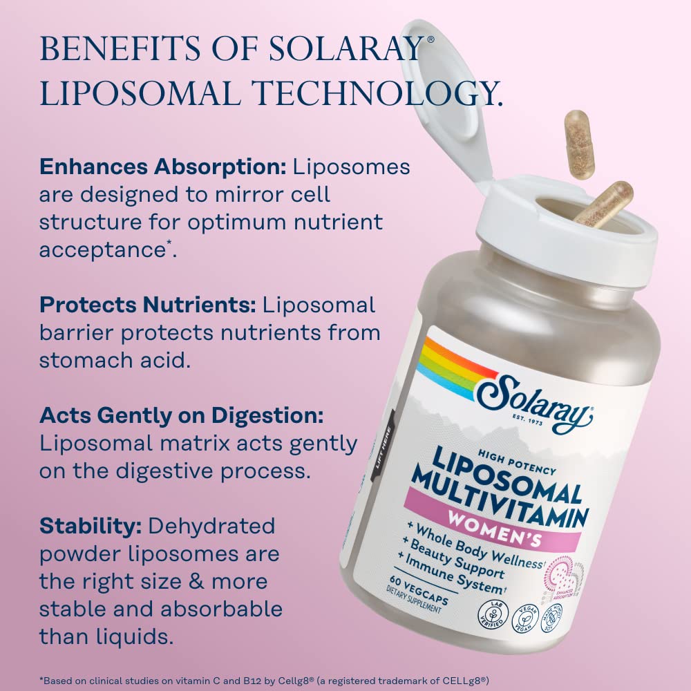 SOLARAY Liposomal Multivitamin for Women, Enhanced Absorption, High Potency w/Iron, Vitamin D, Vitamin C, B12, Biotin, CoQ10, Immune Support, Bone Health, Vegan, 30 Servings, 60 VegCaps