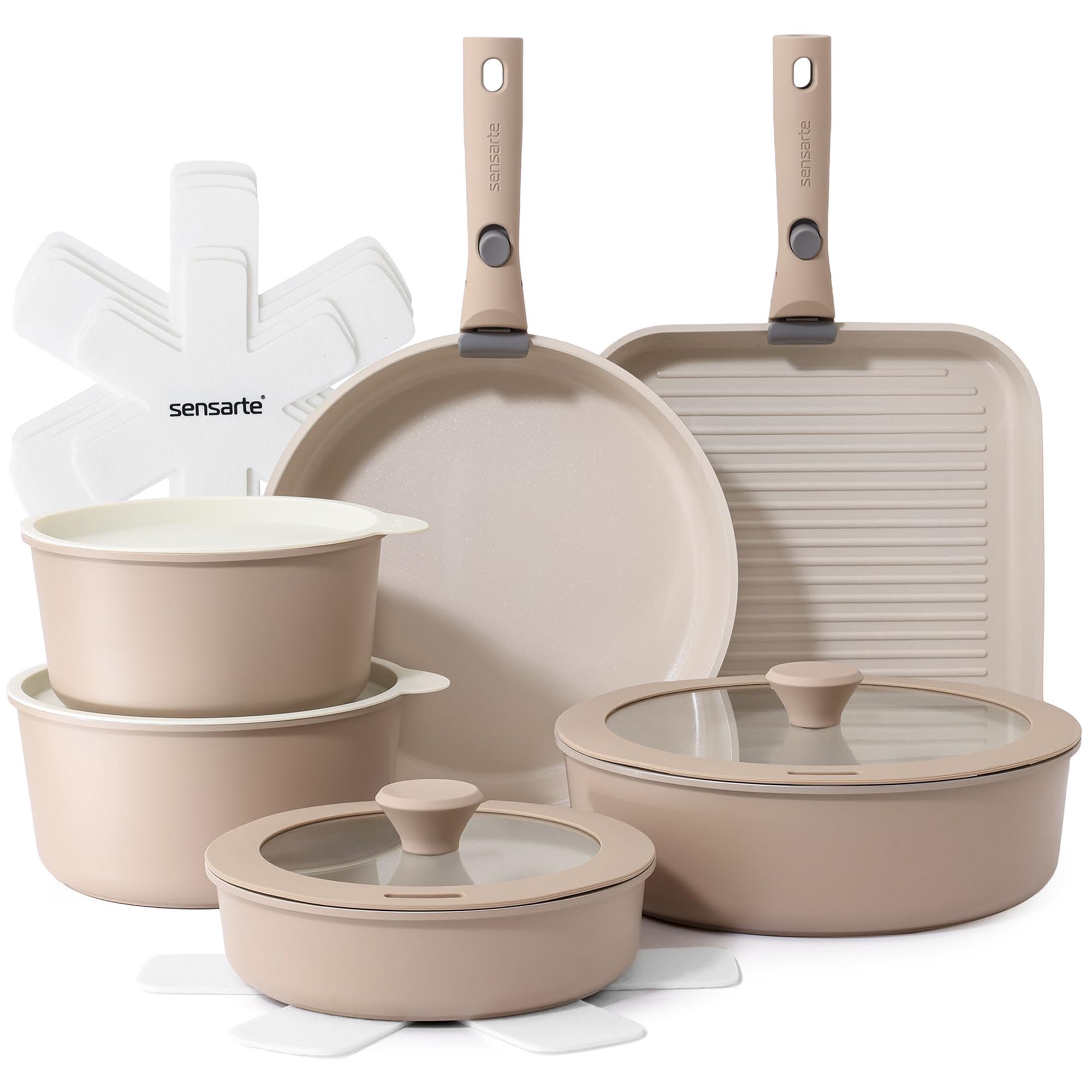 SENSARTE 17 Piece Ceramic Detachable Handle Pots and Pans Set Almond Beige