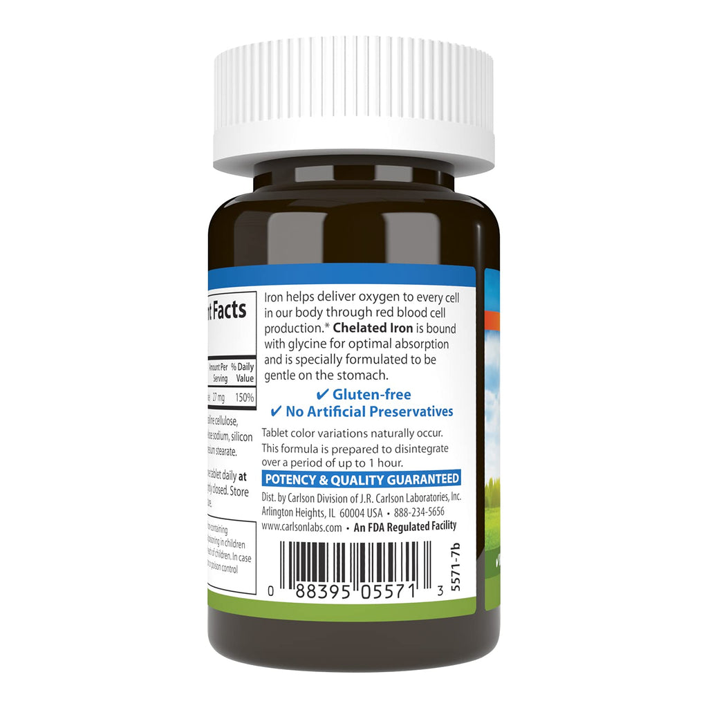 Carlson Chelated Iron, 27 mg, Superior Absorption, 100 Tablets