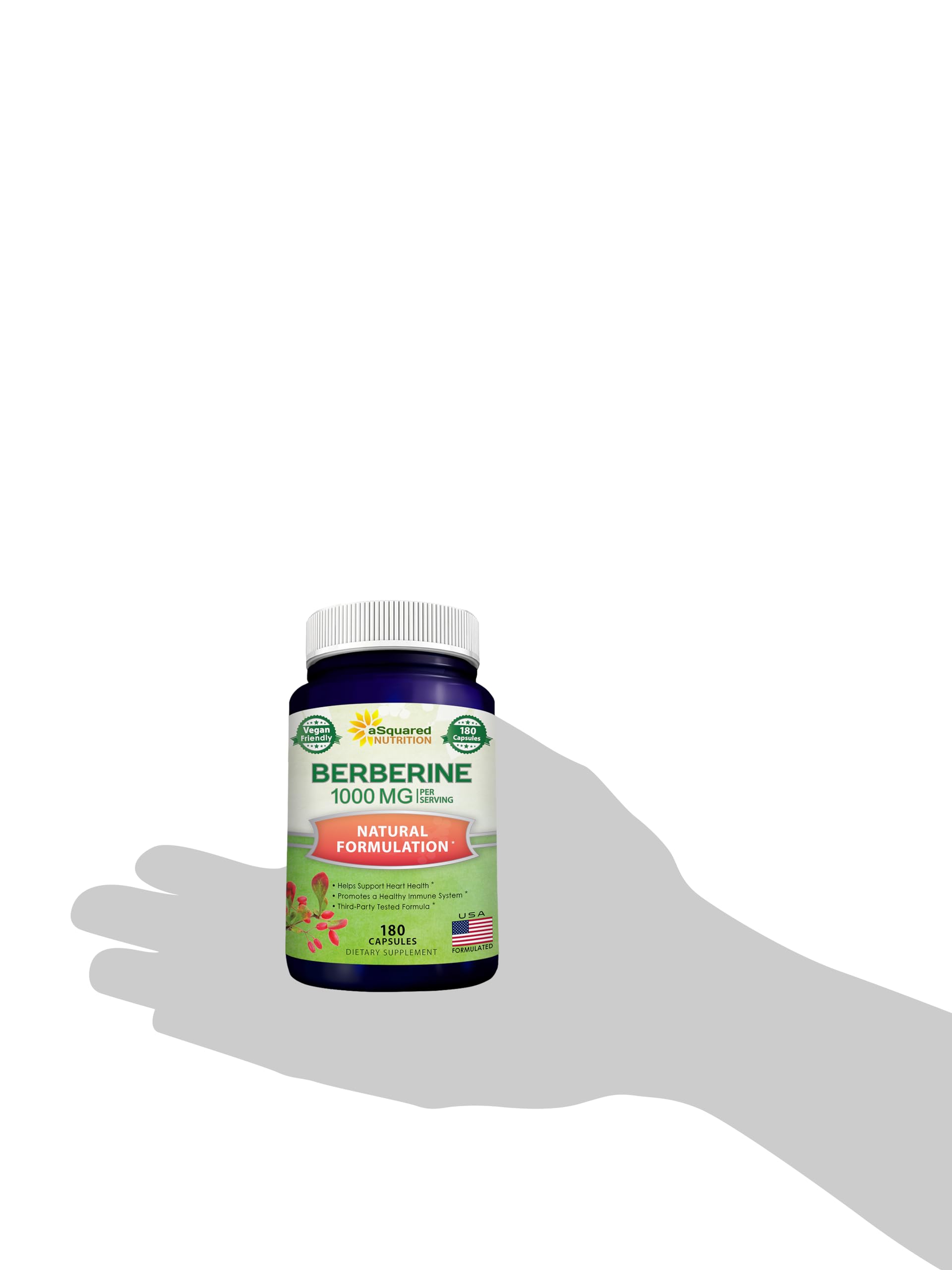 aSquared Nutrition Pure Berberine 1000mg Supplement - 180 Veggie Capsules, Natural Berberine Hydrochloride HCL Plus, Max Strength 1000 mg (2X 500mg), Potent Berberine Vegan Extract