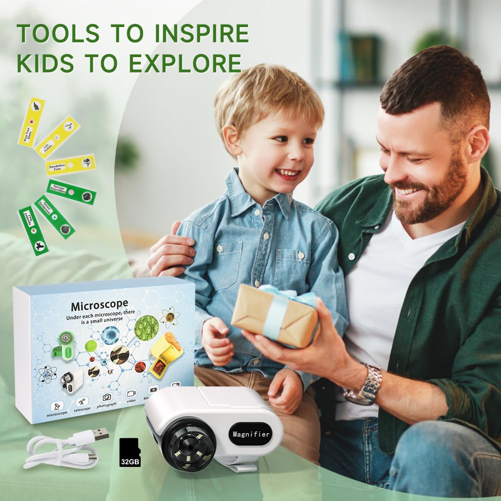 Microscope for Kids, [3-in-1] 1000X Handheld Mini Scope with 2" LCD Screen, Portable Miniscope for Kids 8-12 Halloween Christmas Birthday Edu Gifts, 32GB TF Card Included