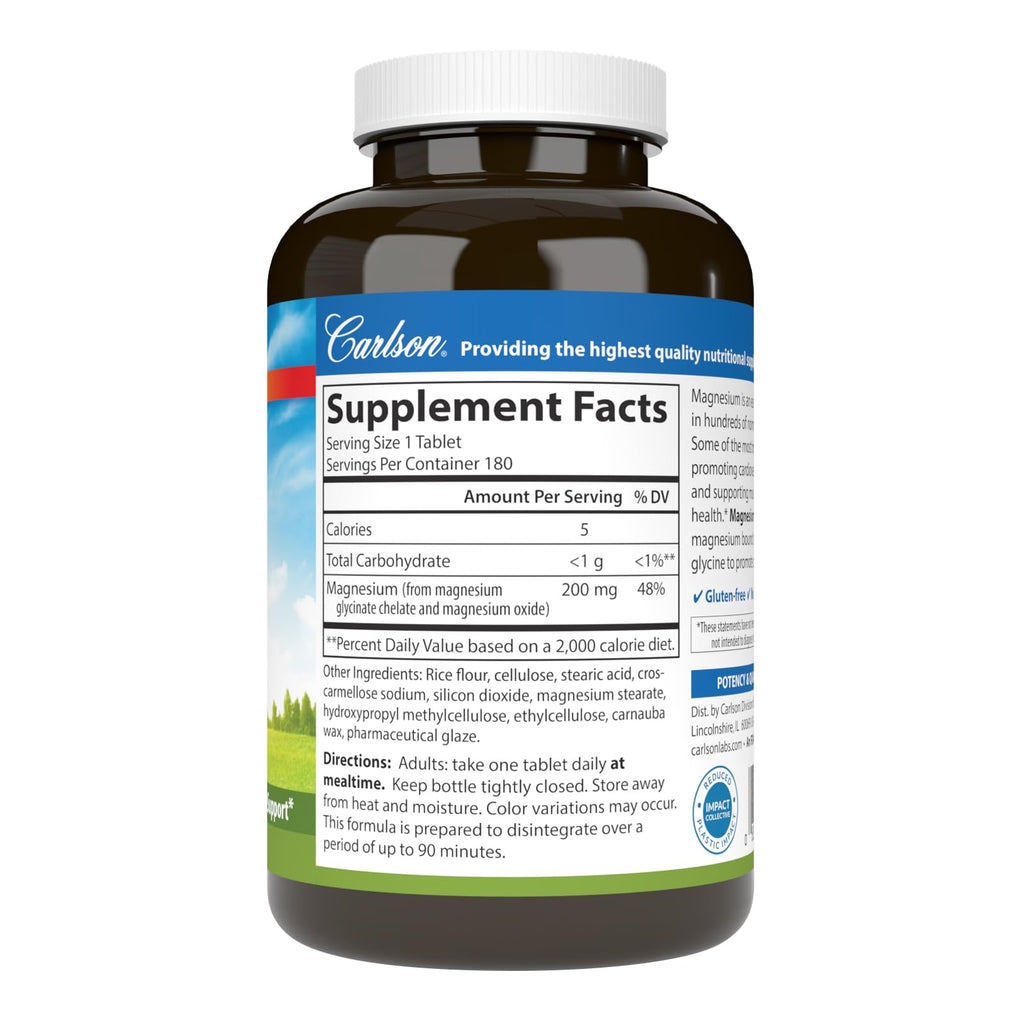 Carlson Chelated Magnesium Glycinate, 200 mg, Muscle Function, 180 Tablets