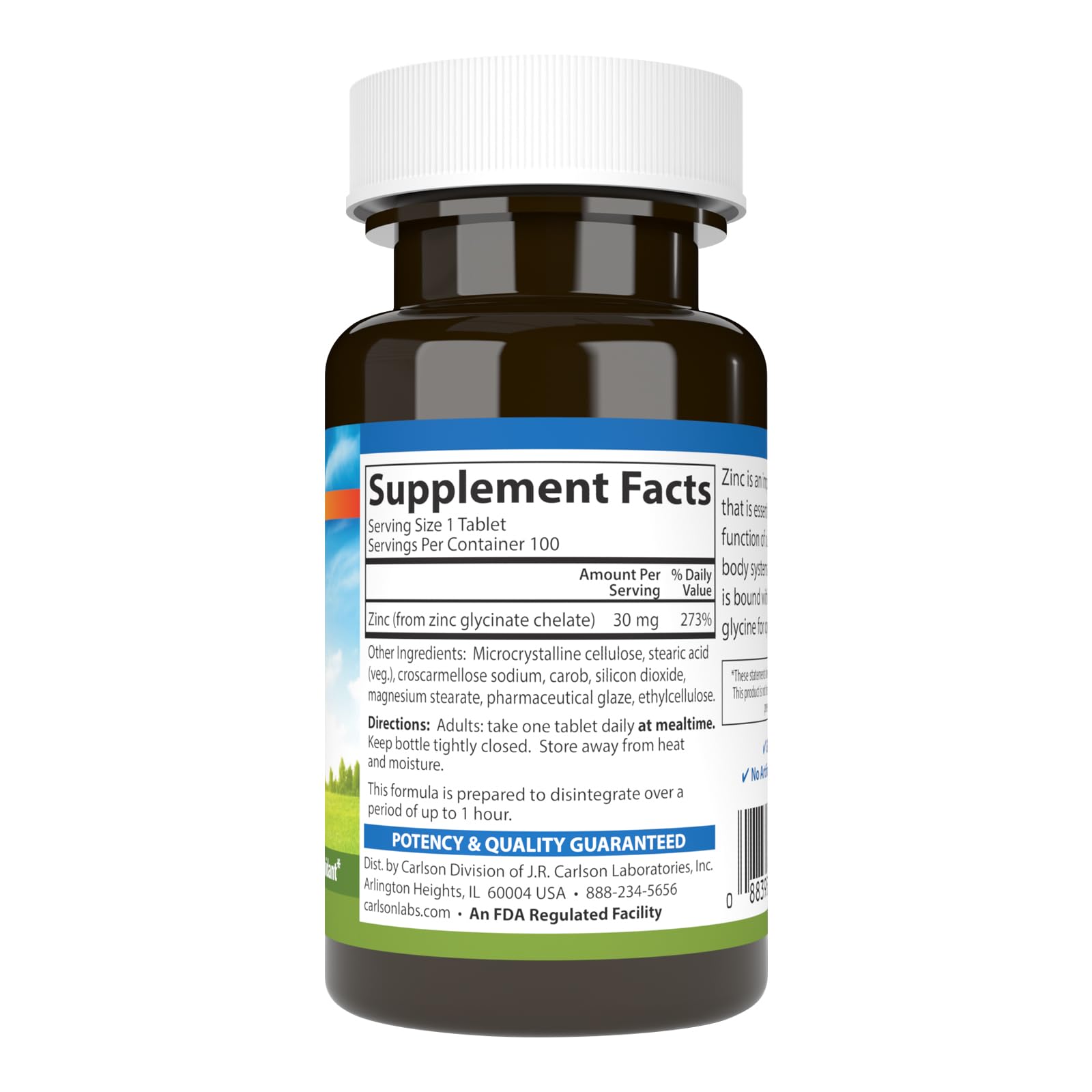Carlson Chelated Zinc, 30 mg, Chelated Zinc Supplement, 1000 Tablets